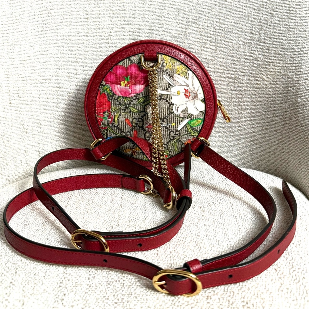 Authentic Gucci Ophidia Mini Round backpack red leather flora pattern canvas - Picture 9 of 16
